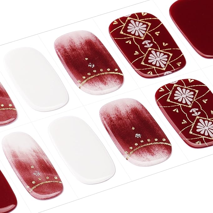 DANNI & TONI Semi Cured Gel Nail Strips Winter Holiday (Flower Blaze) Wine Red Gradient Gel Nail Wraps 28 Stickers
