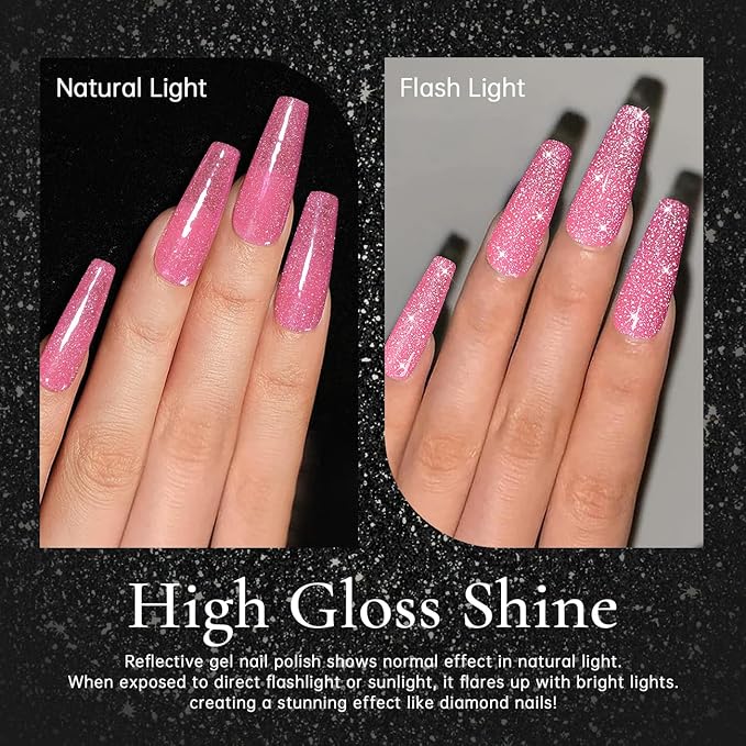RARJSM Reflective Glitter Gel Nail Polish Nude Hot Pink Sheer Jelly Gel Polish Flash Diamond Sparkle Rainbow Silver Shimmer Pigments Soak off Curing Requires 15ml Single Bottle for Home Salon