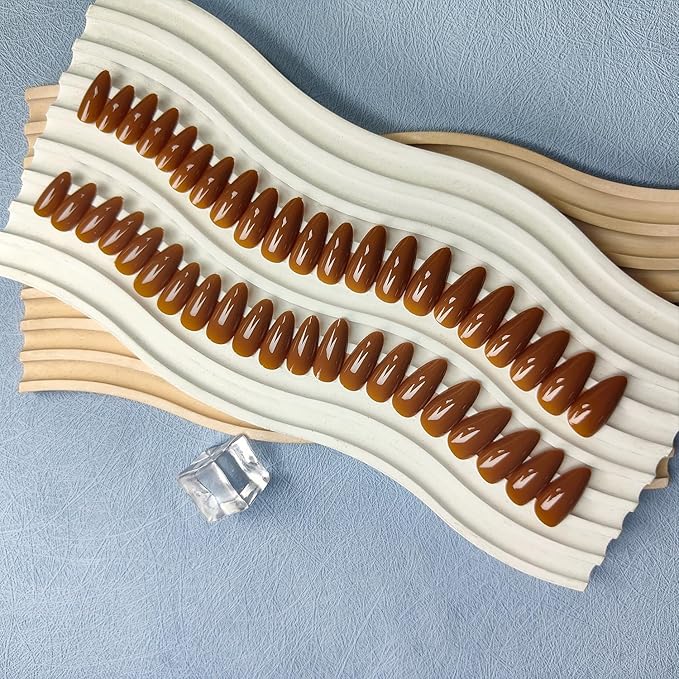 Light Brown Press on Nails Almond Shaped 48Pcs Neutral Thick Fake Nails for Women, Medium Almond Nails Press on Reusable Acrylic Nails Glue on Medium Length Stiletto False Nails Gel Artificial Nails
