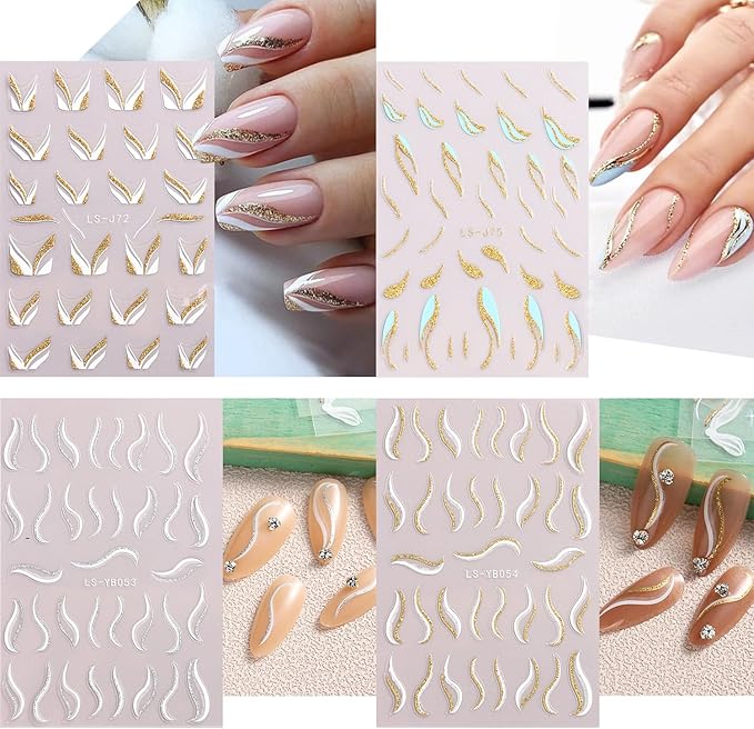 Eseres French Tip Nail Art Stickers Waves Lines Nail Decals 3D French Pattern Glitter Nail Art Design Stripe Nail Stickers 9Pcs French Nail Stickers Stripe Line Nail Decals