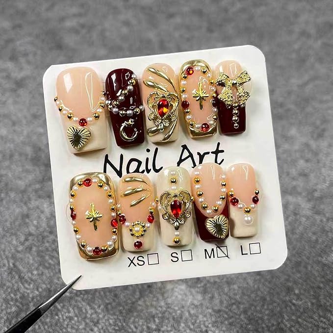 10Pcs (Size M) Medium Square Handmade Press On Nails - Luxury Egyptian Palace Relief French Tip Acrylic Fake Nails with Gold Charms for Women Manicure