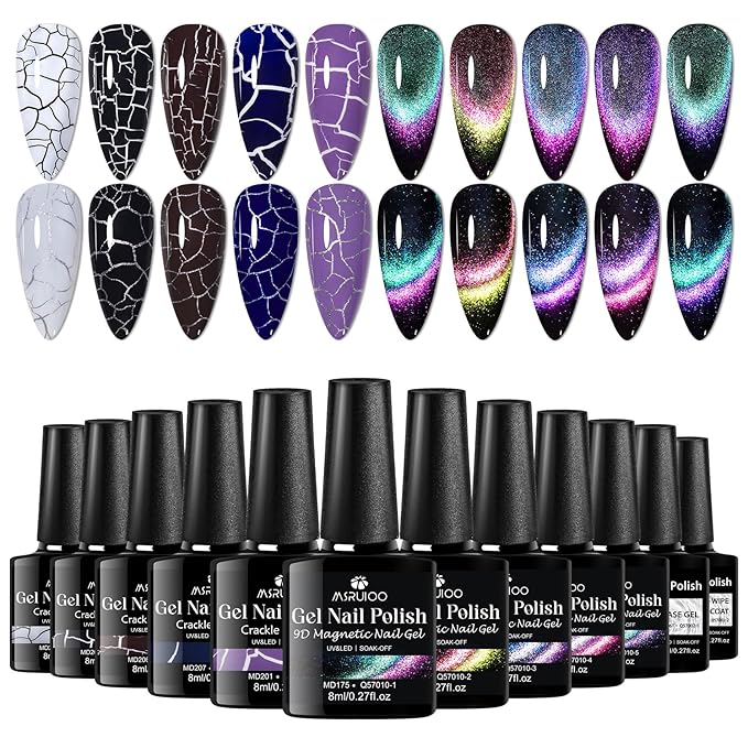 12PCS Crackle Gel Nail Polish + 9D Cat Eye Gel Polish Set Magic Black Crackle Nail Polish Magnetic Cat Eye Effect Manicure DIY Nail Art 10 Colors