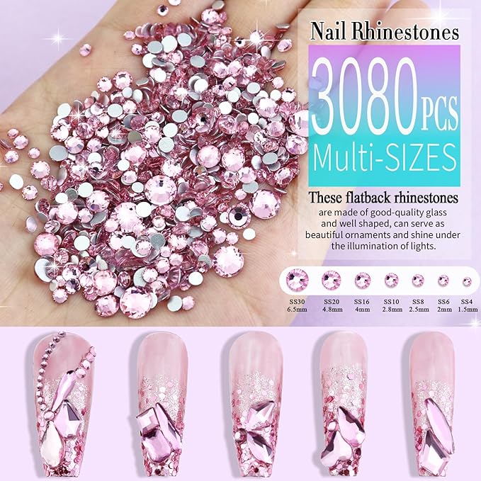 Dowarm 3200PCS Nail Art Rhinestones, Light Pink Flatback Rhinestones for Nails, Crafts, 12 Styles 3D Glass Crystal Nail Gems