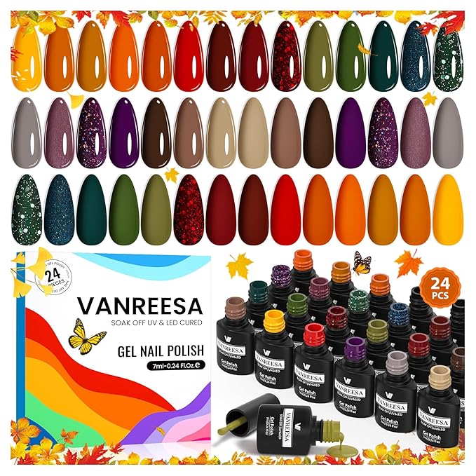 VANREESA 24 Pcs Fall Gel Nail Polish Set, 21 Colors Gel Polish with Base Coat Glossy & Matte Top Coat Orange Red Purple Green Brown Gel Polish Kit Nail Kit Gifts for Women