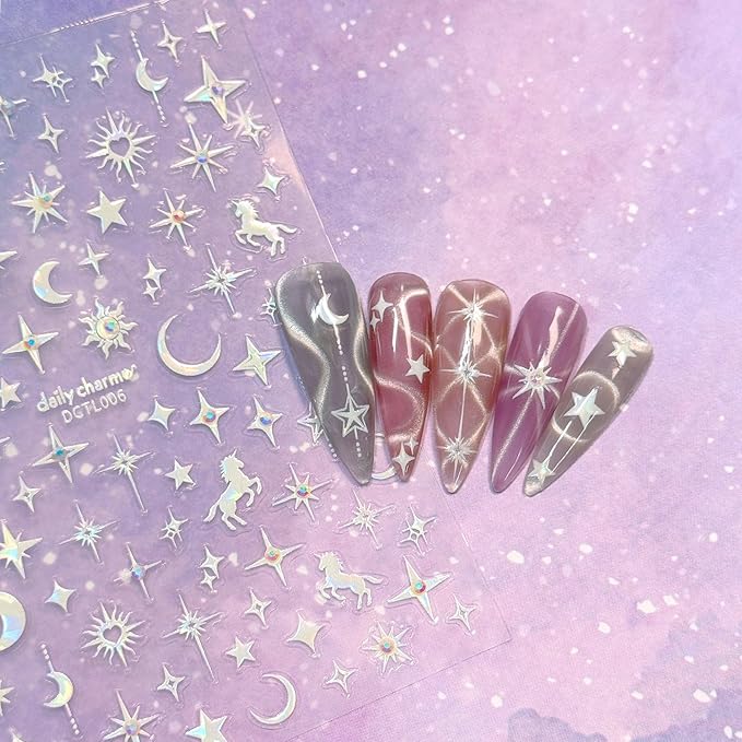 Daily Charme Celestial Bejeweled Holographic Self-Adhesive Nail Art Decal Sticker Bundle Moon Star Unicorn Zodiac Nail Art Designs for Women DIY Nail Decorations