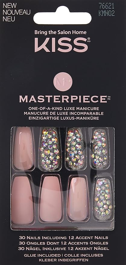 KISS Masterpiece One-Of-A-Kind Luxe Manicure, Premium Acrylic Fake Nails with Pink Gel Nail Glue, Manicure Stick, Mini Nail File, & 30 Glue On Nails Including 12 Accent Nails