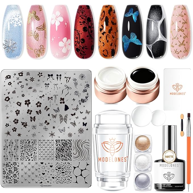 modelones 16 PCS Gel Nail Stamping Plate Set, French Tip Tool Gold Silver Pearl Chrome Powder Proof Matte Top Coat White Black Painting Gel Polish Double Head Nail Art Brush DIY Manicure Gift Kit