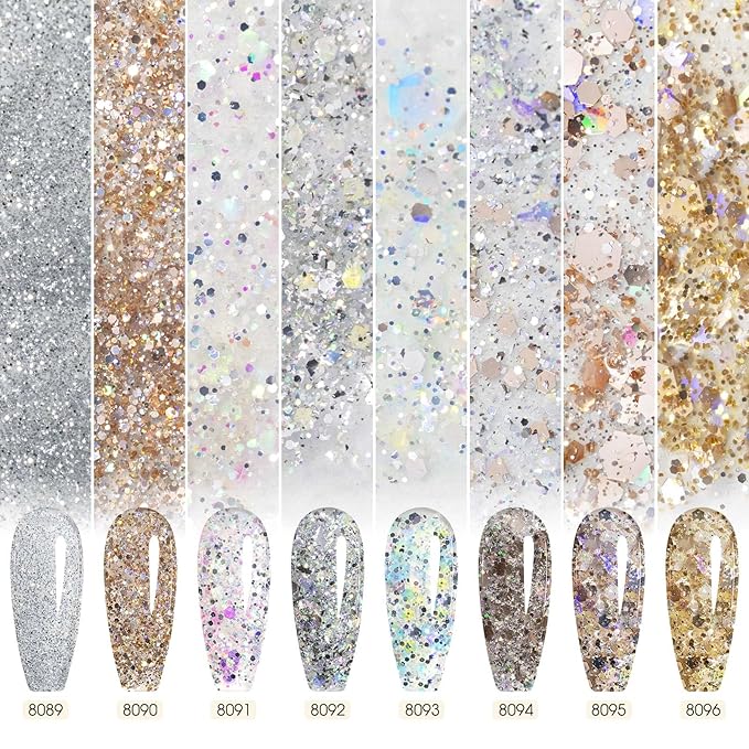 CANNI Gel Polish Glitter Gel Nail Polish Set, 8 Colors Shiny Amber Silver Gold Rose Pink Stone Glitter Gel Polish U V LED Soak Off Manicure Kit Gift for Women Girls
