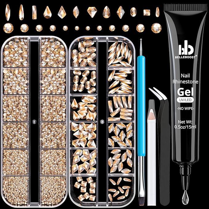 Rhinestones for Nails, Manicure Kit with Rhinestone Glue Gel, Multi Shapes Champagne Glass 3D Nail Charms + Flatback 2-5mm Round Beads & Gem Glue (UV/LED Needed) with Dotting Tools