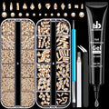Rhinestones for Nails, Manicure Kit with Rhinestone Glue Gel, Multi Shapes Champagne Glass 3D Nail Charms + Flatback 2-5mm Round Beads & Gem Glue (UV/LED Needed) with Dotting Tools