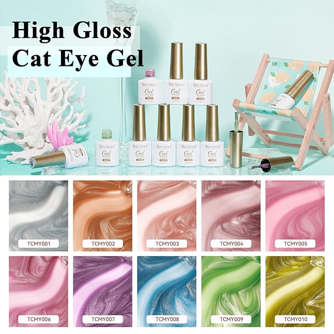 Moonlight Cat Eye Gel Nail Polish Set 10 Colors Magnetic Cateye Gel Polish Shimmer Glitter Mirror Glass Pink Purple Green UV Gel Polish Holographic for Nail Art Manicure DIY at Home Salon