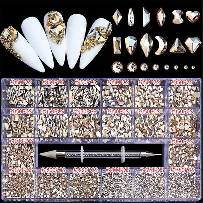 3100 Pcs Nail Crystal Kit Multi Shapes Glass Crystal Champagne Rhinestones for Nail Art Craft Mix Sizes Non Hotfix Flatback Nail Gems+ Wax Pen for Rhinestones in Acrylic Beads Storage Container