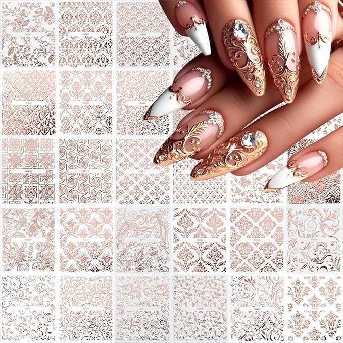 30 Sheets Lace Nail Art Stickers Decals 3D Self-Adhesive Rose Gold Nail Decals Retro Flower Designs Nail Supplies Summer Nail Decoration DIY Nails Accessories for Women