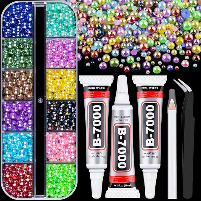 Flatback Pearls for Crafting with 3Pcs 10ml B7000 Jewelry Glue, 1 Box of Half Round Colorful AB Pearls, Bedazzling Beads for DIY Crafts Clothing Tumblers Shoes Embellishment Nail Art
