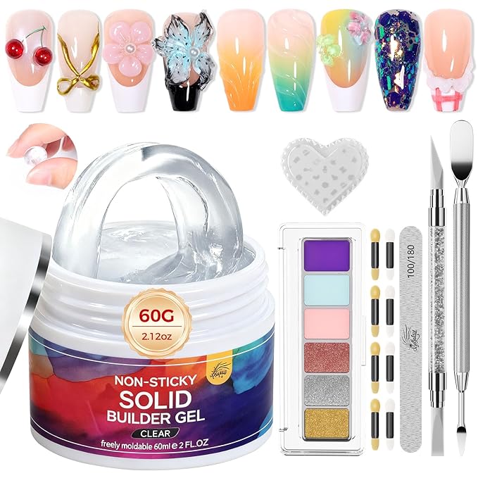 All-in-One Solid Builder Nail Gel Kit: 60g Hard Gel with 3D Mold, 6-Color Powders & Nail Art Tools (Nail File, Cuticle Pusher, Pen), Non-Sticky for Nail Extension, DIY Salon, UV/LED Cured