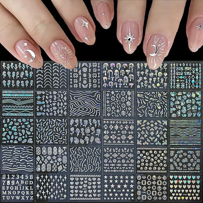 90Sheets Nail Stickers for Nail Art Decals White Flower Gold Aurora Star Moon Heart Line Nail Art Designs 3D Self-Adhesive Nails Supplies with Nail Tweezer for Women Girls Nails Decoration