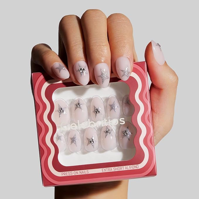 Nail Art Press-Ons | Dream Dust, Extra Short Almond Nails, Reusable | 16 sizes - 32 Nails Kit with Super-hold Nail Glue and Sticky Tabs