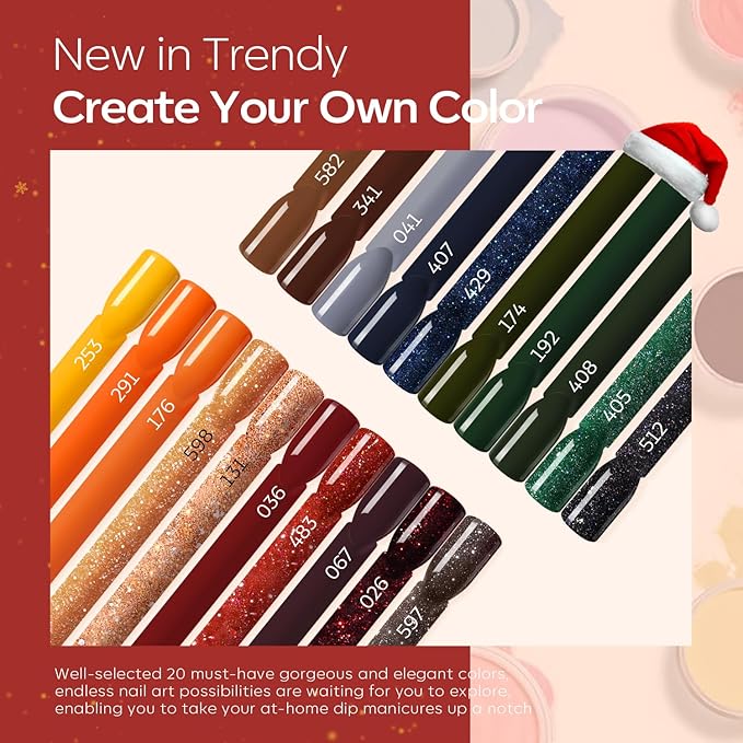 Modelones Christmas Dip Powder Nail Kit 20 Colors, Red Green Brown Orange Glitter Dipping Powder Starter Set Base&Top Activator Liquid French Nail Art Salon DIY Kit Gifts for Women