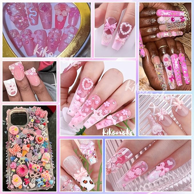 400Pcs Pink Nail Charms Kit, 3D Nail Gems and Rhinestones Flatback Pearls Mixed Shape Set, Heart Rabbit Butterfly Flower Bow Acrylic Resin Nail Art Decorations DIY Craft (Pink)