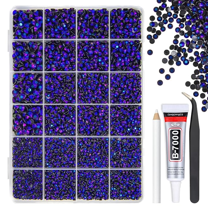 Black Violet AB Resin Rhinestones w B7000 Glue for Bedazzling Crafting 2mm-6mm Flatback Jelly Stones Diamonds Gems Bedazzler Kit for Nails Face Eyes Makeup Tumblers Bottles DIY Crafts Shoes
