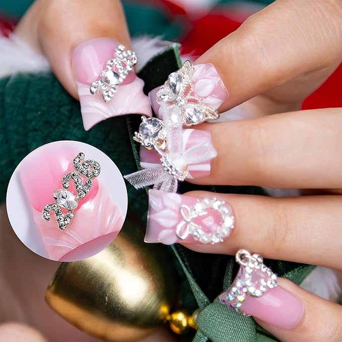 10 Pieces Luxury Acrylic Press On Nails Short Handmade Duck Nails, Pink Thickened False French Nails, 2026 3D Decoration, Rhinestones, Lace Bows And Butterflies, New Years Nails (M)