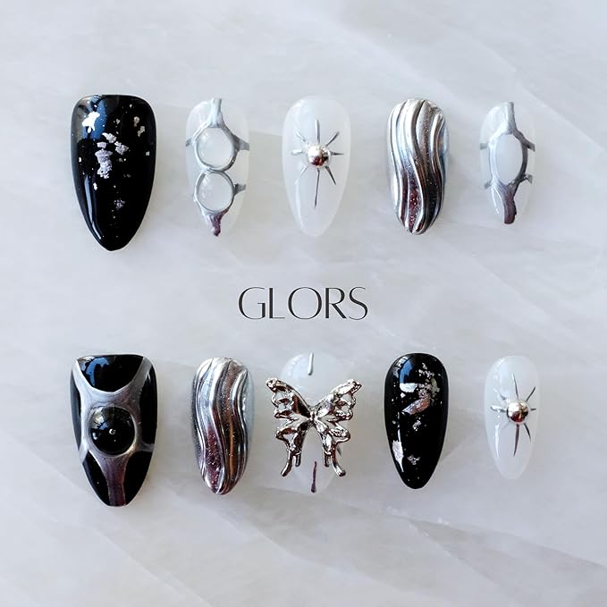Gothic Long Almond Press-On Nails Set, Black and Silver Metallic Design with Butterfly Accent, Handmade False Nail 10 Pieces (Medium,Almond)