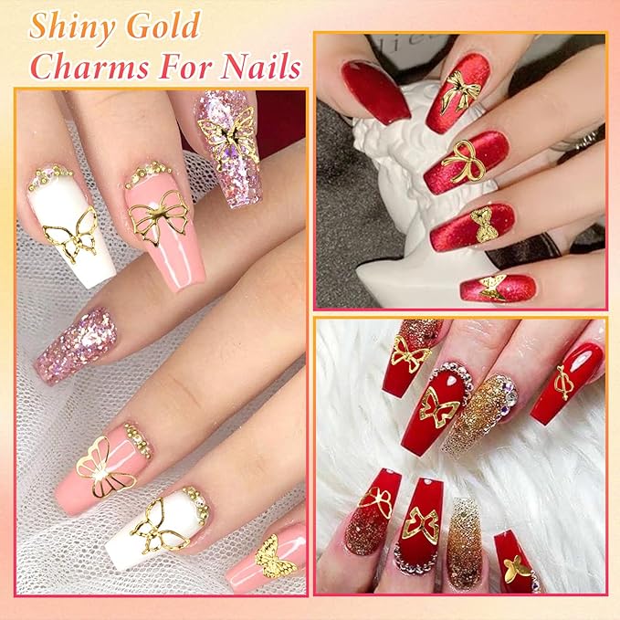 3 Boxes Gold Nail Beads Pearls, Butterfly Bows Alloy Nails Charms Studs, Bowknot Bow Tie Nail Art Jewels, Mix Size Half Round Pearls Carviar Nail Beads Charms Rhinestones for Nails Design DIY Craft