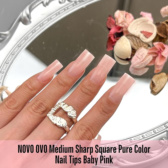 NOVO OVO Meidum Sharp Square Nail Tips Press on Pure Color BABY PINK, Extra Thick NEED Builder Gel Top Coat Glue Soft Gel Matte Fake Nail Extension, Full Cover False Nails for Salon DIY 15 Sizes 180pc