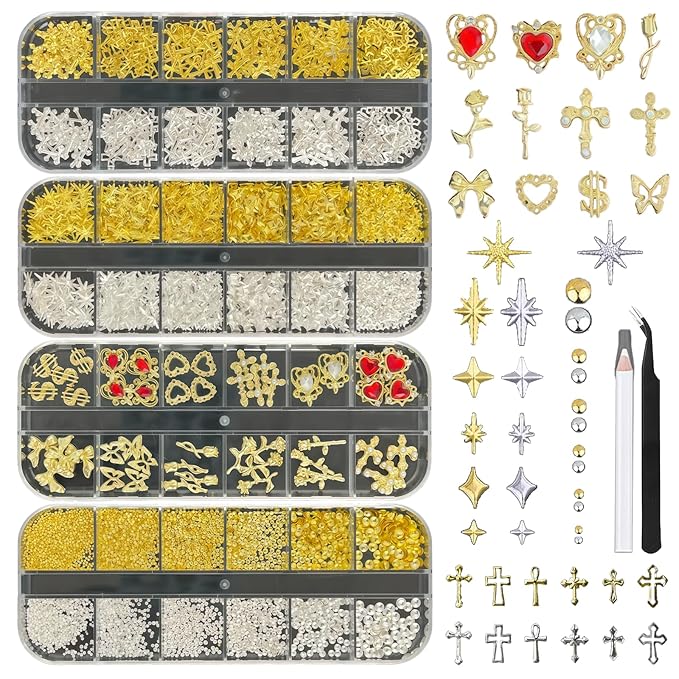 KINGNAME Gold Nail Charms and Gems Set, 4 Boxes Nail Gems Nail Pearls Nail Art Tools, 3D Cross Nail Charms Heart Nail Rhinestones for Nails Supplies, Charms for Nails Design Nail Art Kit