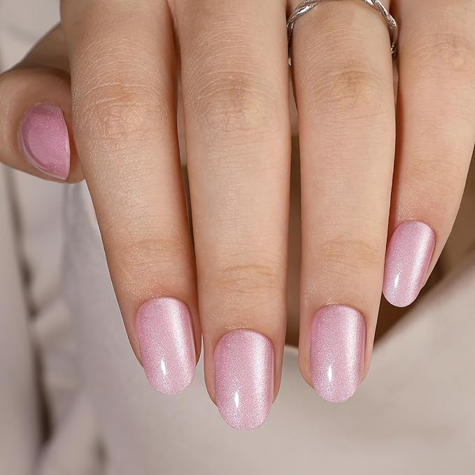 Press On Nails - Blush | Short Oval Light Pink Cat Eye, UV Finish Almond Nails, Salon Quality | 32 Nails, 16 Sizes Kit with Glue and Adhesive Tabs I Female Founded