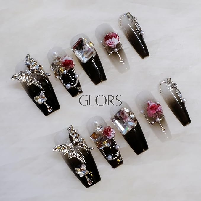 Handmade Press On Nails, Long Coffin Style, Black with 3D Butterfly and Rose Design, 10 Pieces (Small,LB)