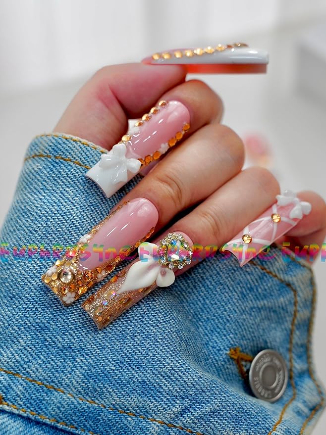 10PCS Nude Pink Press On Nails – Long Coffin Fake Nails with Rhinestone Borders, 3D Flowers & Bow Charms, Glossy Reusable Luxury Bridal Nails for Women and Girls – Euphrosyne