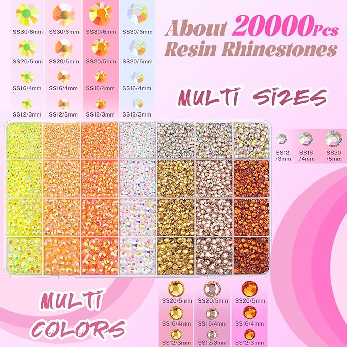 20000Pcs Yellow Rhinestones for Bedazzling with B7000 Jewelry Glue, Resin Rhinestones for Crafting Crafts DIY, Bedazzler Kit Gems for Clothing Shoes Tumblers Fabric Nail Art Assorted Size 3/4/5/6mm