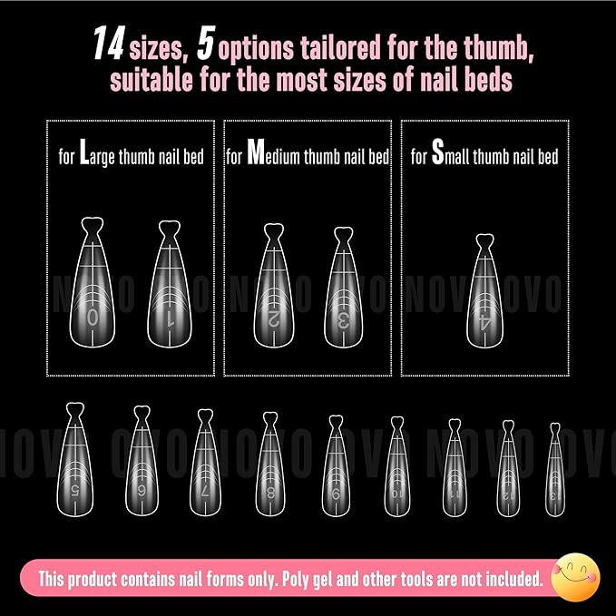 NOVO OVO Medium/Long Stiletto Pointed Nail Dual Forms for Polygel Extension, Reusable Full Cover Acrylic/Builder/Hard Gel Poly Gel Molds of Manicure Art for Salon DIY x 14 sizes 280 Pcs