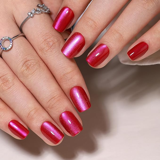 Press On Nails - Short Deep Red Square Nails, Soft Gel False Tips Kit, 32 Pcs Reusable