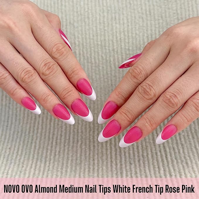 NOVO OVO White French Tip Almond Nail Tips Press on ROSE PINK, Extra Thick Medium Soft Gel Fake Nail Acrylic Extension, Need Builder Gel Top Coat, No Glue Included, for Salon DIY x 15 Sizes 240 pcs