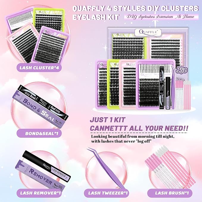 DIY Lash Extension Kit D Curl 10-18mm Individual Spikes Lashes with Lash Bond and Seal Lash Remover Tweezers Eyelash Brush Mini Applicator Easy to DIY At Home