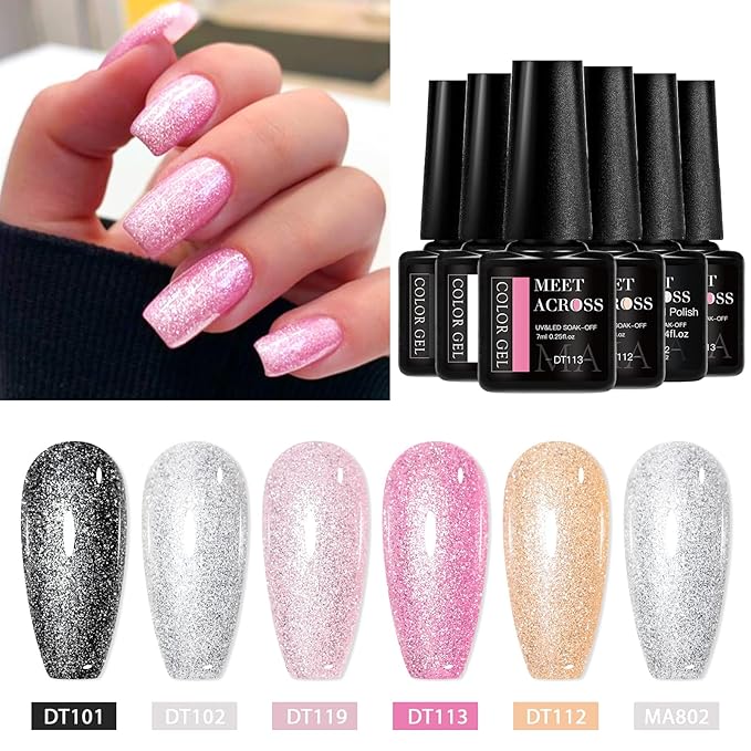 MEET ACROSS 6Pcs Gel Nail Polish with Glitter Gel Top Coat, Nude Pink Neutral Color Skin Tone Soak Off UV/LED Gel Polish Manicure Gift For Women 5 Colors