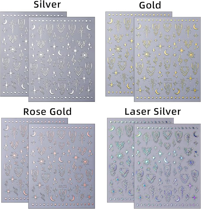 Moon Star Nail Stickers for Nail Art Metallic Sun Totem Nail Decals Holographic Laser Gold Silver Nail Stickers Sun Stars Moon Heart Boho Nail Art Designs Decals for Women Manicure 8 Sheets…
