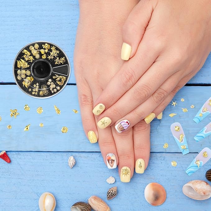 Ocean Nail Charms Nail Art Stickers 2 Disc, Beach Starfish Sea Seashell Charms Decals, Gold Metal 3D Gems Decals for Manicure DIY Embellishments 12 Style