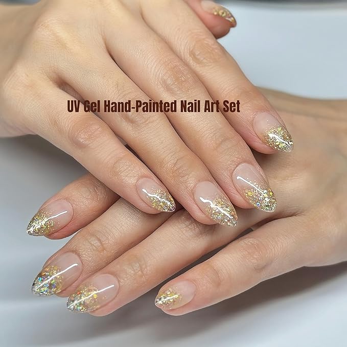 Press On Nails Short Almond Jelly Pink Glossy with Gold Glitter Tips. Reusable Soft Gel Nails in 15 Sizes -30 Nail Kit with Glue | Designed in L.A, Handmade in Vietnam | Hi-End