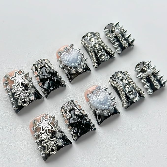 Luxury Press on Nails Short Duck Handmade 3D Unique Reusable ABS Material Fake Nails Black French Tip False Nails with Designs Stars Rhinestones Heart Glossy Glue on Nail Thick Acrylic Nail(S)