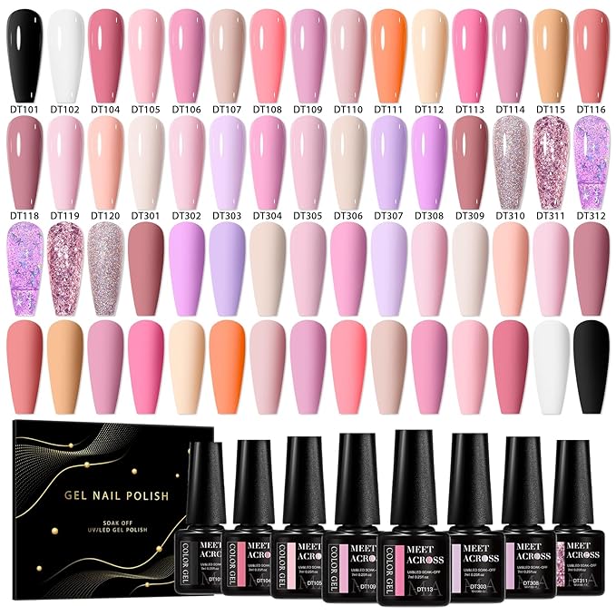 MEET ACROSS 30 Pcs Pink Gel Nail Polish Set, 30 Colors Gel Polish Nude Light Baby Pink Purple Glitter Soak off Uv Led Manicure Kit for DIY Manicure Gift for Women