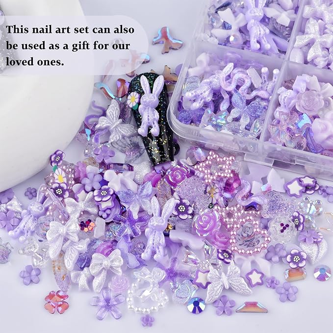850 Pieces 3D Butterfly Rose Flower Bow Rabbit Bear Nail Charms Kit with Nail Art Rhinestones Pearls Crystal Gems Nail Slices for Manicure DIY Crafts Jewelry Accessories (Purple)