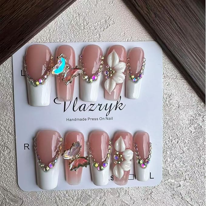 Luxury Handmade Press on Nails - Long Square White French Tips Press on Nail with Almond 3D Rhinestones, Flowers & Butterflies, Acrylic Multi-Layer Gel False Nails for Women (10Pcs)