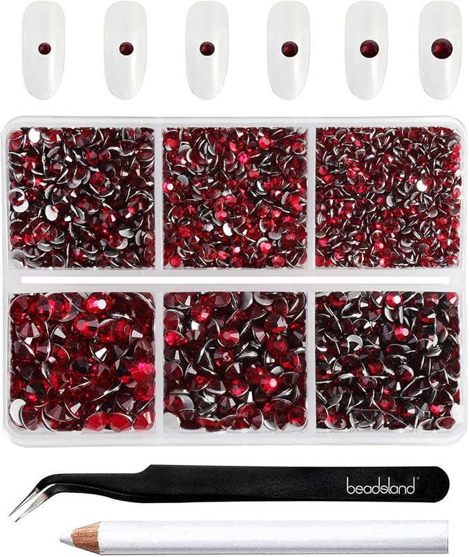Beadsland 4300pcs Flatback Rhinestones,Dark Red Rhinestone Nail Gems Round Crystal Rhinestones for Crafts,Mixed 6 Sizes with Picking Tweezers and Wax Pencil Kit, SS6-SS20,Dark Siam