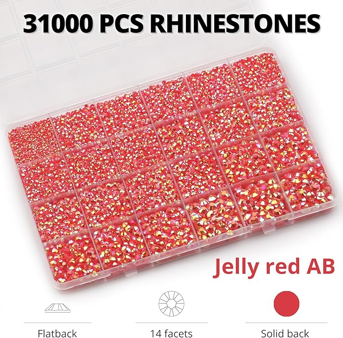 33000Pcs Red AB Rhinestones for Bedazzling, Bedazzler Kit with Flatback Craft Rhinestones Red AB Bulk and B7000 Glue, 2,3,4,5,6mm Resin Flat Back Crystals for Craftings, Crafts, Clothes, Shoes, Nails