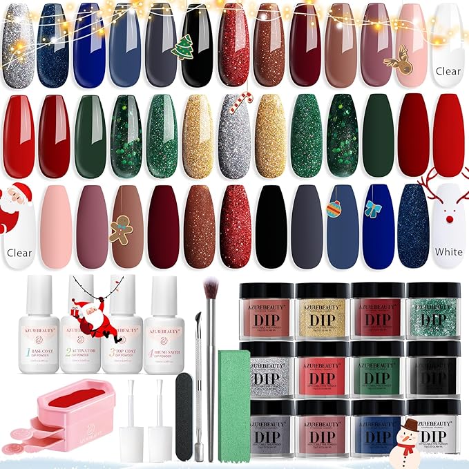 AZUREBEAUTY 31 PCS Dip Powder Nail Starter Kit Christmas Red Green Gold Grey Acrylic Dipping Powder 20 Colors Set with Recycle Tray Top/Base Coat Activator French Nail Art Manicure Salon