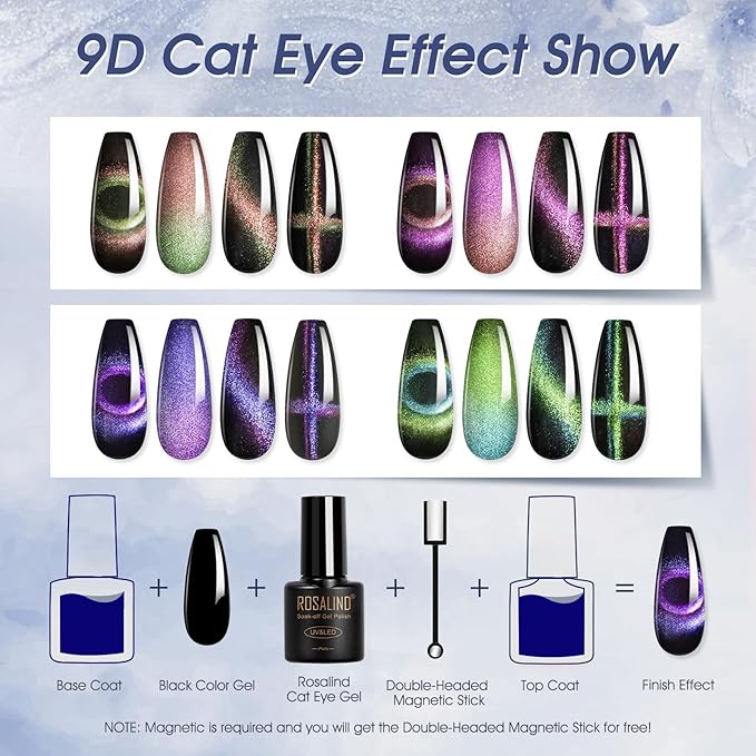 ROSALIND 30pcs Cat Eye Gel Nail Polish Set - 26 Colors Red Purple Brown Green Burgundy Magnetic Gel Nail Polish with Base Gel Glossy Matte Top Coat Magnet and Nail Primer