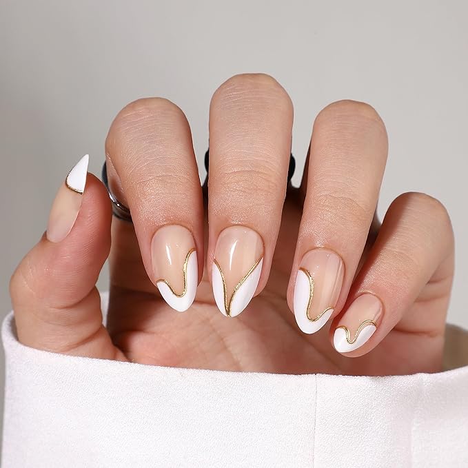 Almond Press On Nails - White French Tip Press On Nails Short with Gold Foil Designs, Glue On Nails 16 Sizes - 32Pcs Reusable Soft Gel False Nails Tips Kit, Stick On Nails for Women